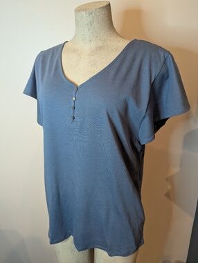 New Bleu Gray Flutter Sleeve Top Blouse V Neck Cotton Modal Feminine Top Size L